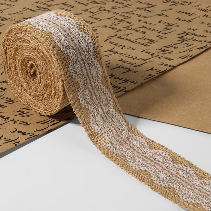 Лента из джута «Кружево», 50 мм, 4,5 ± 0,5 м, цвет белый Лента из джута «Кружево», 50 мм, 4,5 ± 0,5 м, цвет белый