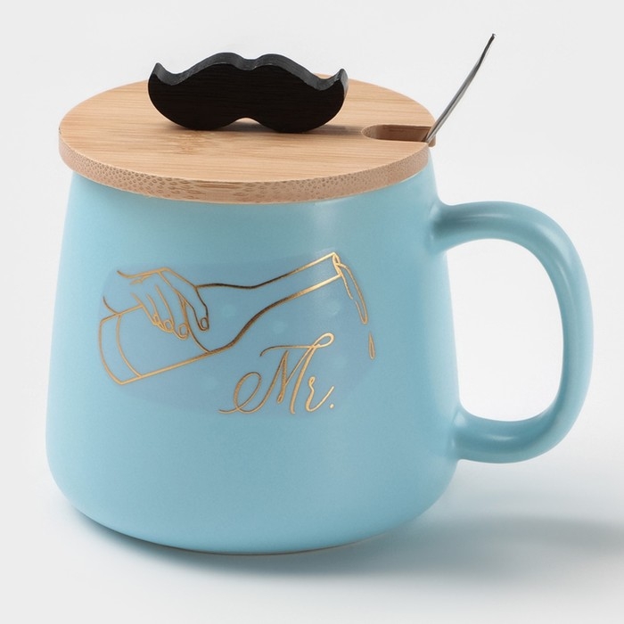 Кружка керамическая с ложкой «Мистер», 380 мл, цвет голубой Кружка керамическая с ложкой «Мистер», 380 мл, цвет голубой