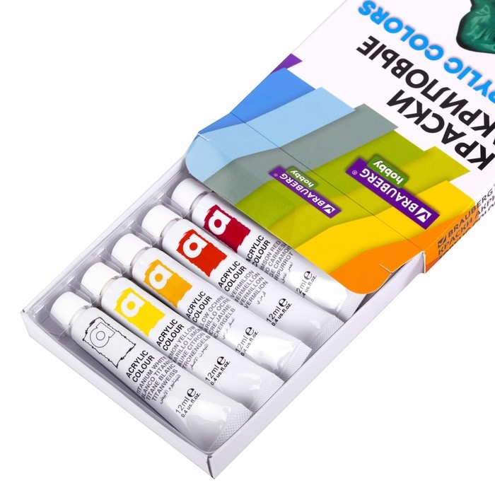 Краска акриловая в тубе, набор 12 цветов х 12 мл, BRAUBERG HOBBY, 192403 Краска акриловая в тубе, набор 12 цветов х 12 мл, BRAUBERG HOBBY, 192403