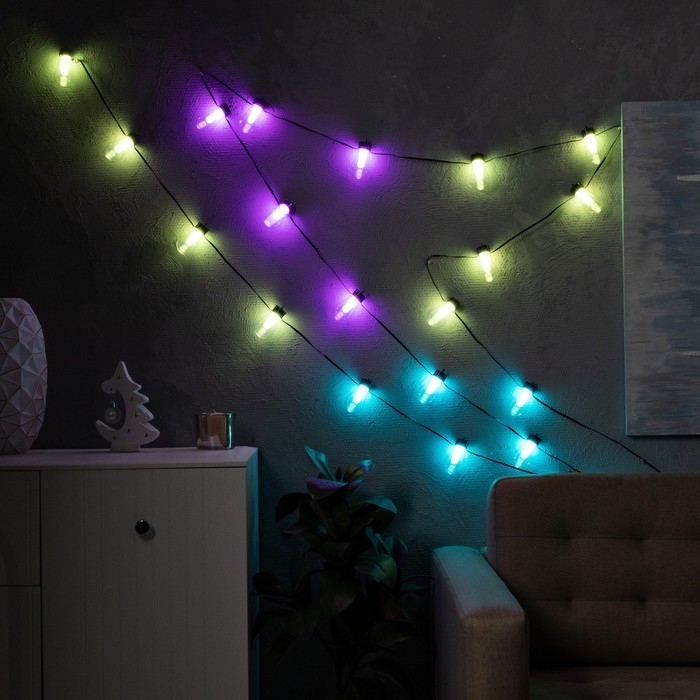 Умная гирлянда «Нить» 6 м с насадками «Лампочки», IP20, тёмная нить, 20 LED, свечение RGB, USB Умная гирлянда «Нить» 6 м с насадками «Лампочки», IP20, тёмная нить, 20 LED, свечение RGB, USB