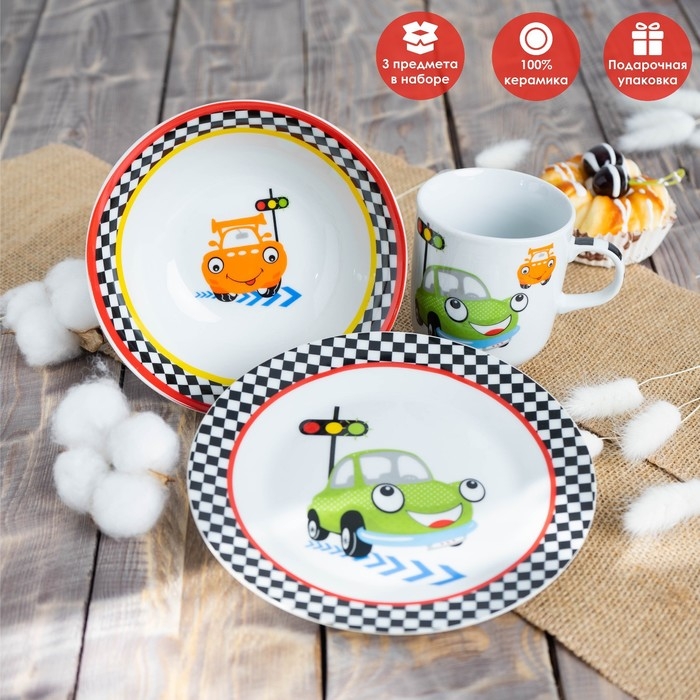 Набор детской посуды из керамики Доляна «Светофор», 3 предмета: кружка 230 мл, миска 400 мл, тарелка d=18 см Набор детской посуды из керамики Доляна «Светофор», 3 предмета: кружка 230 мл, миска 400 мл, тарелка d=18 см