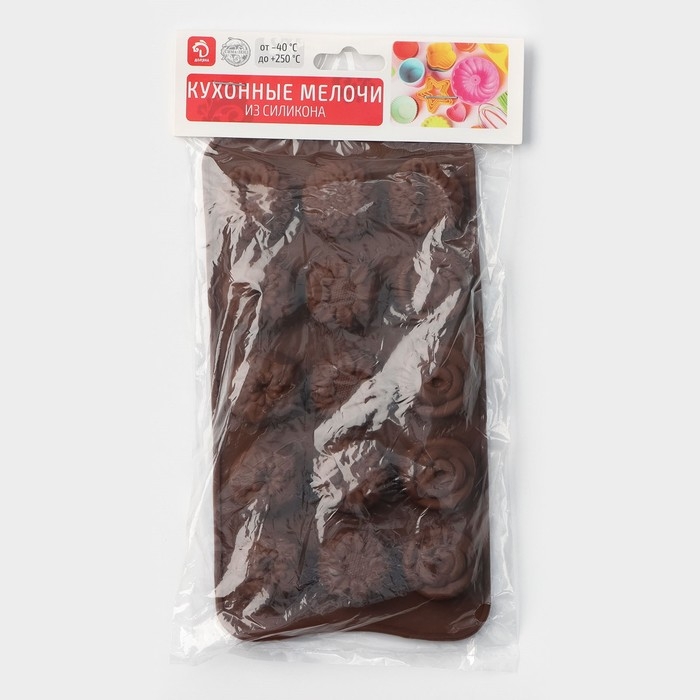 Форма для конфет и шоколада Доляна «Клумба цветов», силикон, 20,5×10,5×1,5 см, 15 ячеек, цвет коричневый