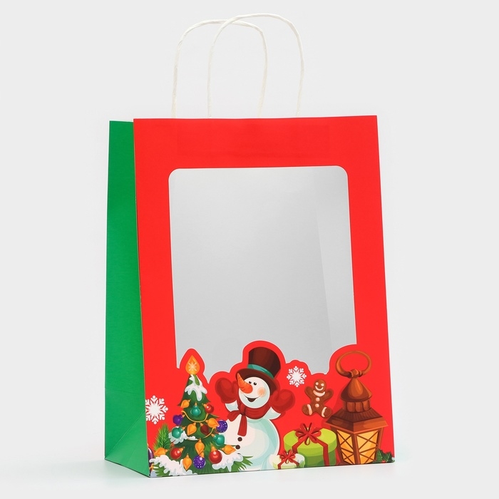 Пакет подарочный новогодний с окном Пакет подарочный новогодний с окном "Снеговик" 26 х 35 х 16 см.