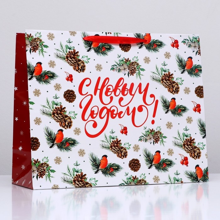 Новый год. Пакет ламинированный горизонтальный "Снегири",49 х 40 х 19 см.