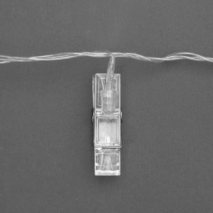 Гирлянда «Нить» 5 м с насадками «Прищепки», IP20, прозрачная нить, 30 LED, свечение тёплое белое, 8 режимов, 220 В