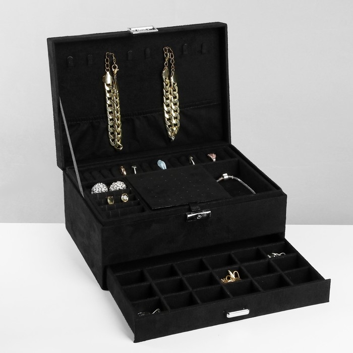 Подставка для украшений «Шкатулка» 2-х уровневая, флок, 24,5×17×12 см, цвет чёрный Подставка для украшений «Шкатулка» 2-х уровневая, флок, 24,5×17×12 см, цвет чёрный