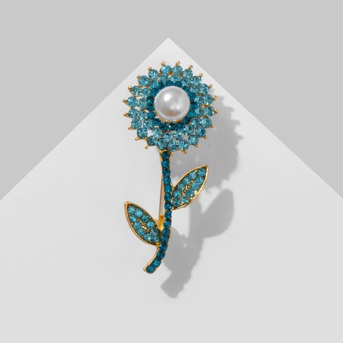 Брошь «Цветок» симпл с бусиной, цвет бело-морской в матовом золоте Брошь «Цветок» симпл с бусиной, цвет бело-морской в матовом золоте