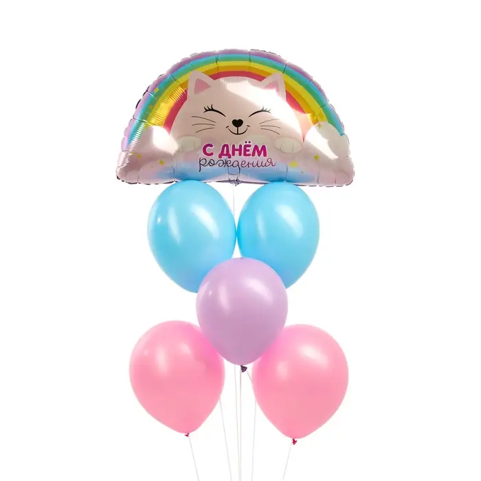 Воздушные шары, букет «Радуга. Котик», набор 6 шт. Воздушные шары, букет «Радуга. Котик», набор 6 шт.