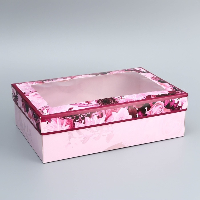 Коробка складная, крышка-дно, "Цветы", 30 х 20 х 9 см с окном