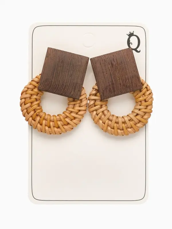 Серьги из дерева &laquo;Ваканда&raquo;, кольцо в квадрате, бежево-коричневые