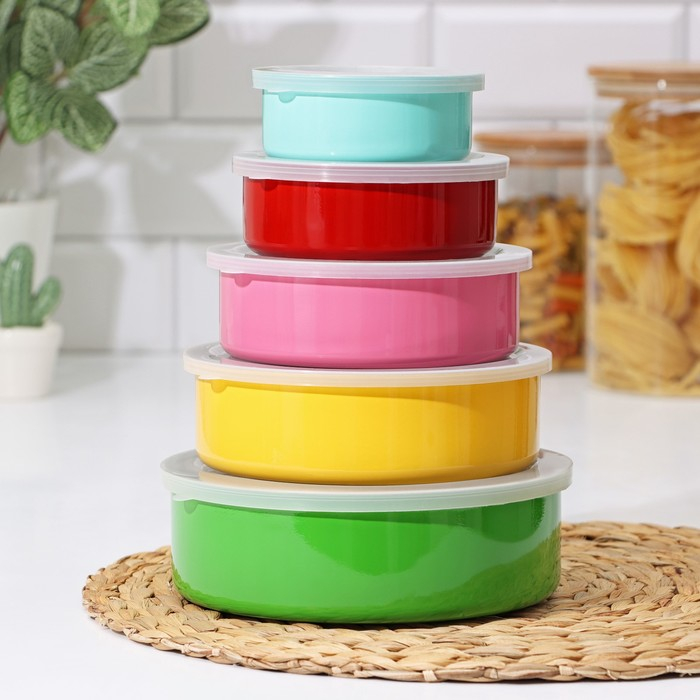 Набор салатников из нержавеющей стали «Радуга», 5 шт: d=18/16/14/12/10 см, с крышками, МИКС