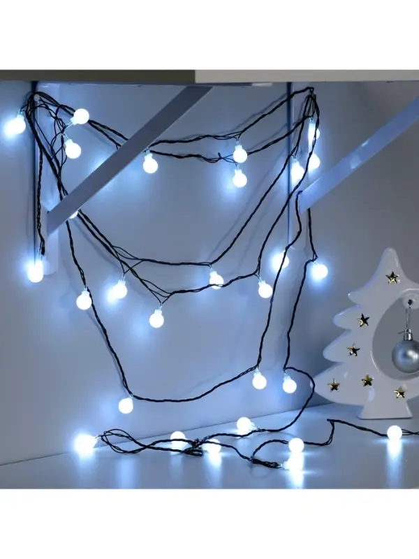 Гирлянда &laquo;Нить&raquo; 5 м с насадками &laquo;Шарики белые&raquo;, IP20, тёмная нить, 30 LED, свечение белое, 8 режимов, 220 В