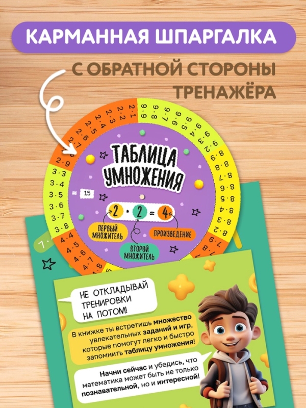 Книга "Тренажёр по математике с крутящейся шпаргалкой", 44 страницы.