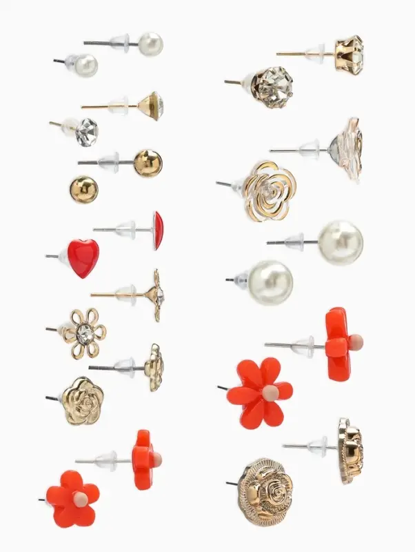 Серьги пусеты One year, 12 пар, цветочное ассорти, бело-розовые в золоте