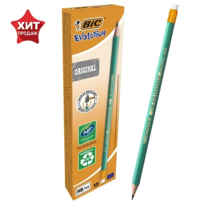 Карандаш чернографитный (простой) НВ, BIC Evolution, заточенный, пластиковый, c ластиком, шестигранный, зелёный корпус Карандаш чернографитный (простой) НВ, BIC Evolution, заточенный, пластиковый, c ластиком, шестигранный, зелёный корпус