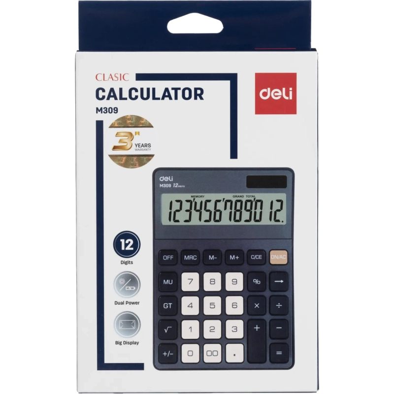 Калькулятор настольный Deli EM309,12 р, дв пит,176,9x124,9x34мм,темно-серый