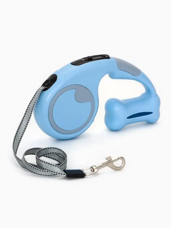 Рулетка - поводок Рулетка - поводок "Косточка", с контейнером для пакетов, трос 3 м, голубая/серая