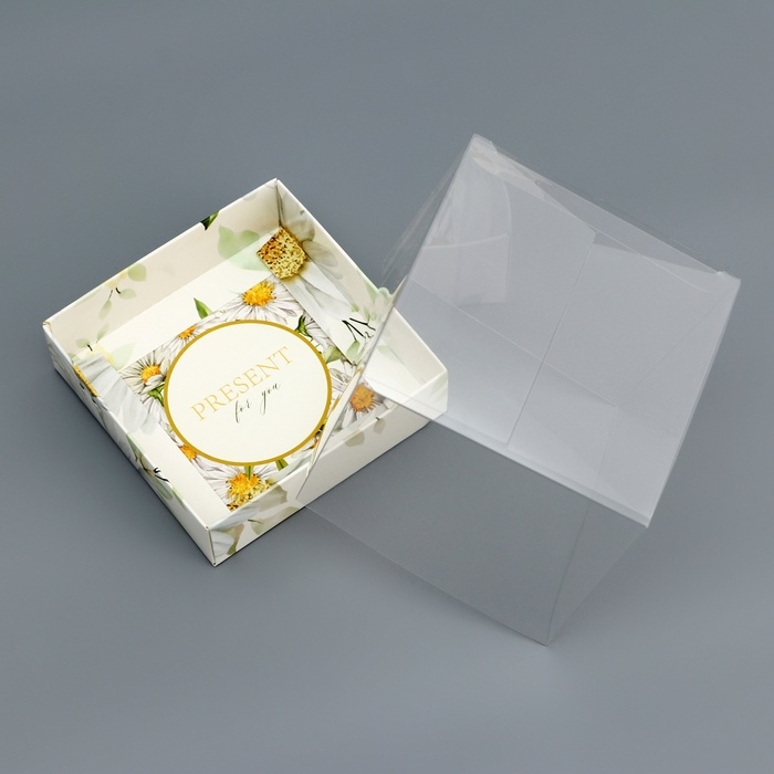 Коробка сборная с PVC крышкой,  Коробка сборная с PVC крышкой, "Ромашки", 10 х 10 х 10 см. Кондитерская упаковка