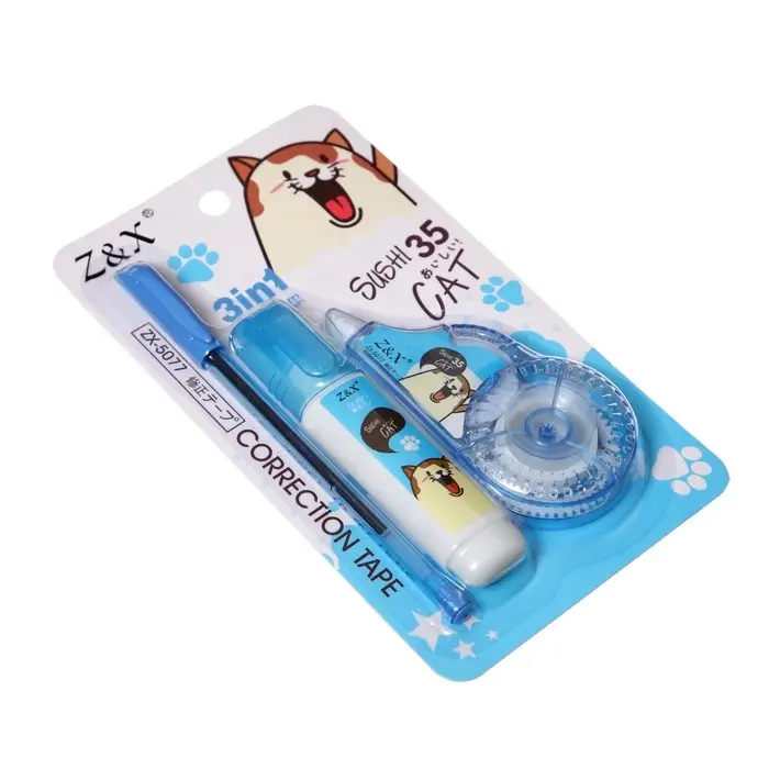 Набор (корректор-лента 5 м &times; 5 мм + корректор-ручка +ручка шариковая) на блистере, МИКС