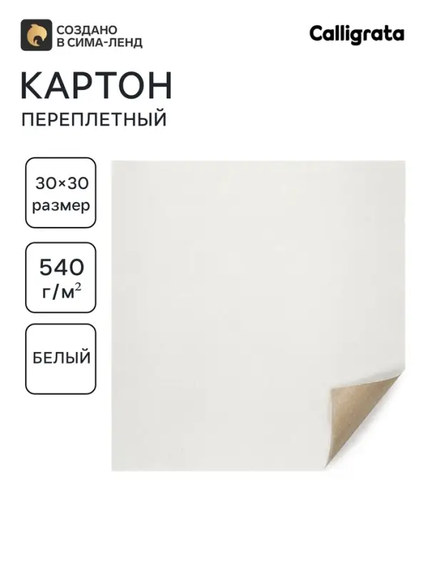 Картон переплётный 0.9 мм, 30&times;30, 50 листов, 540 г/м&sup2;, белый