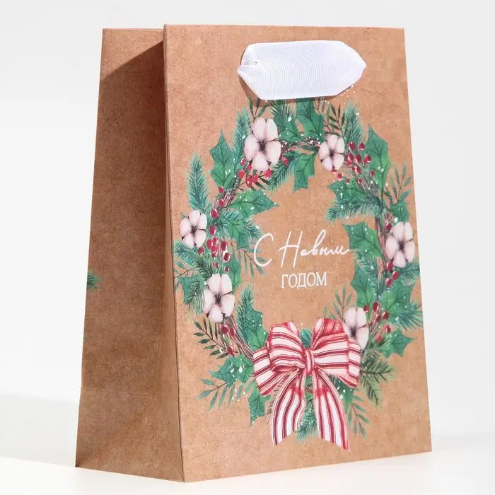 Пакет крафтовый вертикальный «Новогодний венок», S 12 х 15 х 5.5 см Пакет крафтовый вертикальный «Новогодний венок», S 12 х 15 х 5.5 см