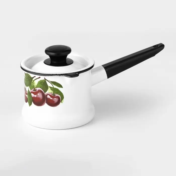 Ковш эмалированный &laquo;Вишнёвый сад&raquo;, 1 л, с крышкой, металлическая ручка, белый