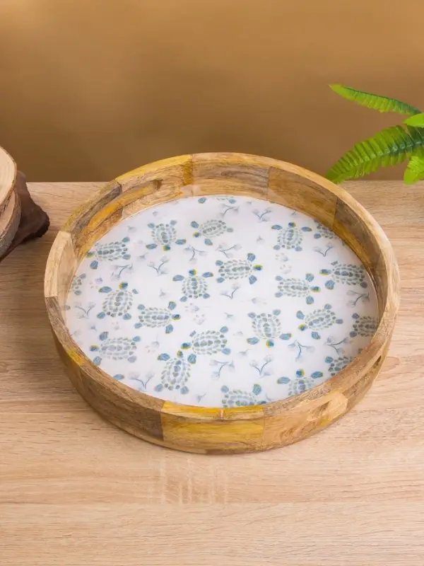 Поднос круглый с бортиками &laquo;Черепаха и цветы&raquo;, 35&times;35&times;6.5 см, дерево манго