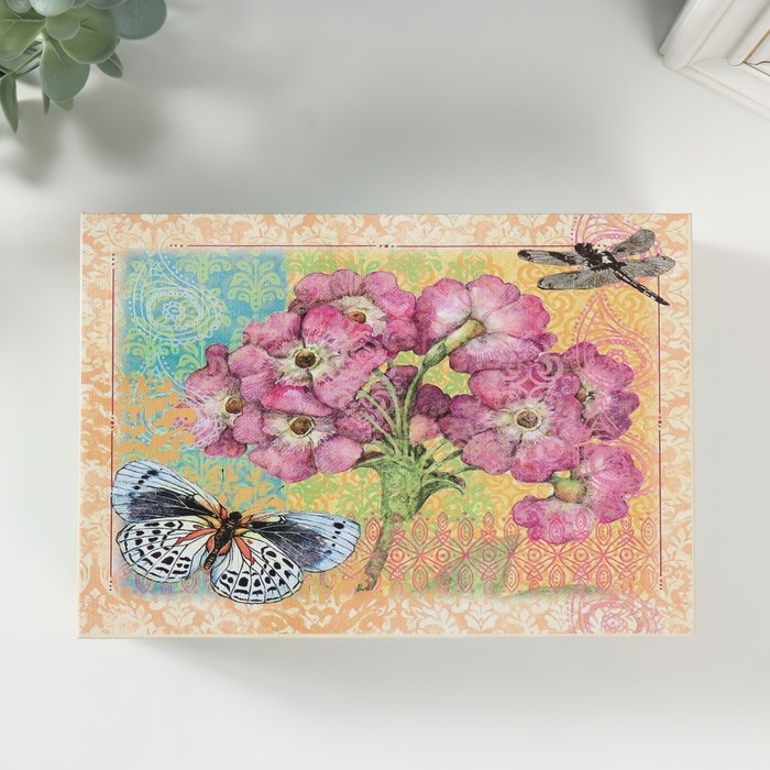 Шкатулка дерево "Гардения, бабочка и стрекоза" 19х13х5 см