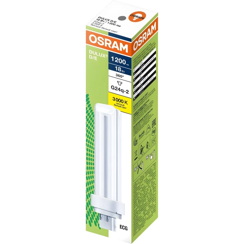 Лампа люминесцентная компактная DULUX D/E 18Вт/830 G24q-2 OSRAM 122354