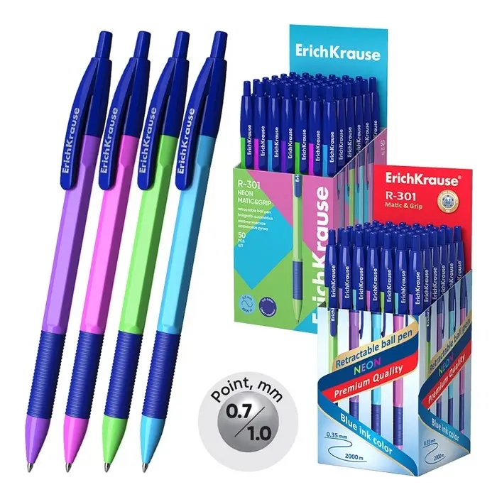Ручка шариковая автоматическая ErichKrause R=301 Neon Matic & Grip, узел 0.7 мм, синяя