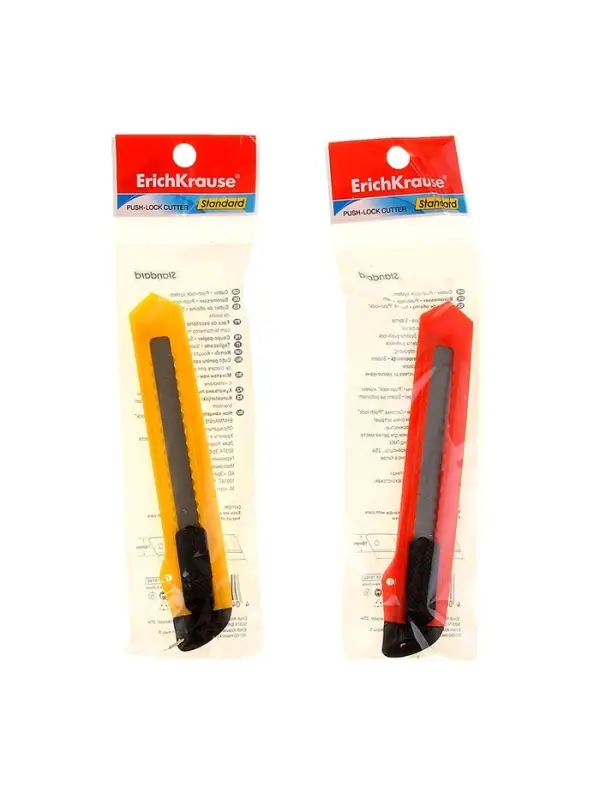 Нож канцелярский 18 мм, ErichKrause Standart, с системой фиксации лезвия push-lock и насадкой для безопасного отделения сегмента лезвия, МИКС