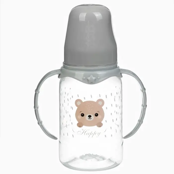 Бутылочка для кормления Крошка Я &laquo;Happy&raquo; с ручками, от 0 мес., 150 мл, цилиндр, серый