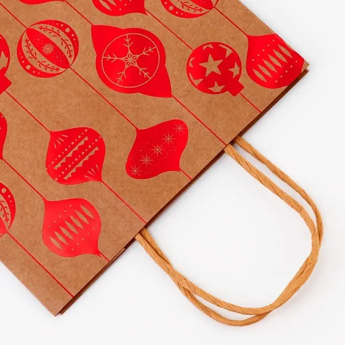 Пакет крафт с тиснением, круглая ручка, Пакет крафт с тиснением, круглая ручка, "Ёлочные игрушки" 21 х 27 х 11 см, 120 г
