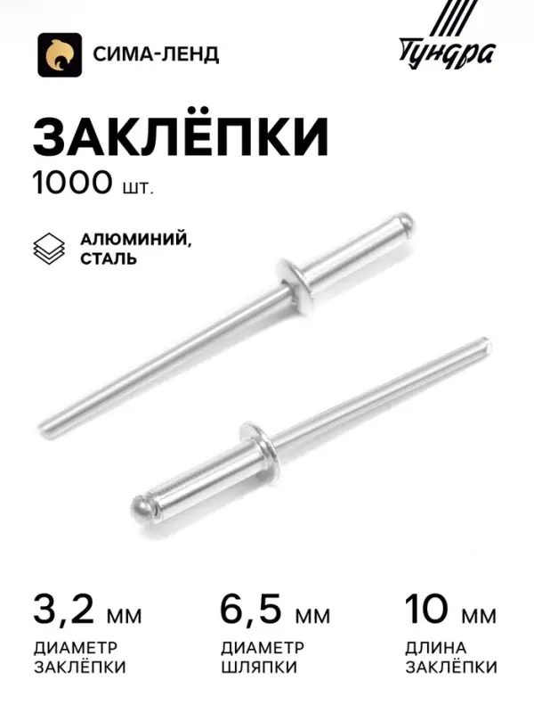 Заклёпки ТУНДРА krep, вытяжные, алюминий-сталь, 3.2&times;10 мм, неокрашенные, 1000 шт.