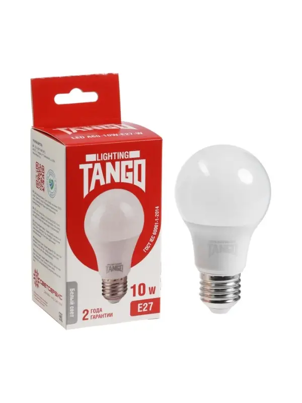 Лампа светодиодная TANGO, А60, 10 Вт, E27, 950 лм, 4000K, IP20, свечение нейтральное белое