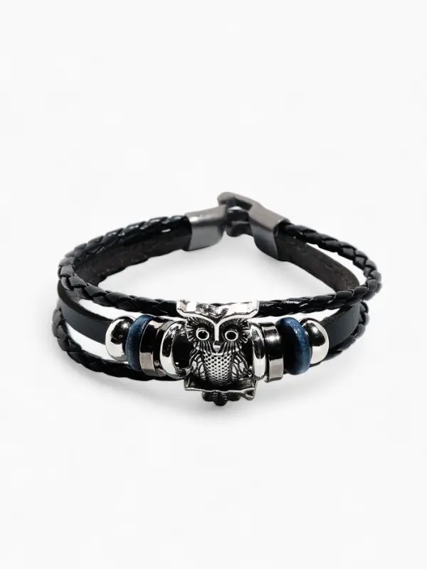 Браслет кожа &laquo;Совушка&raquo;, чёрный в серебре, L=20 см