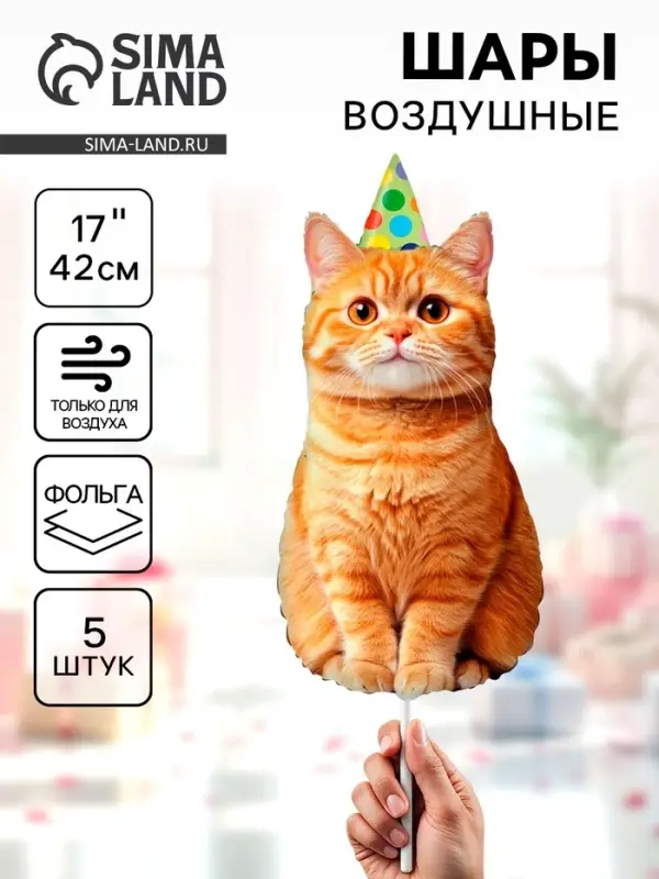 Воздушные шары фольгированные 17" &laquo;Котик в колпачке&raquo;, 5 шт., для палочек