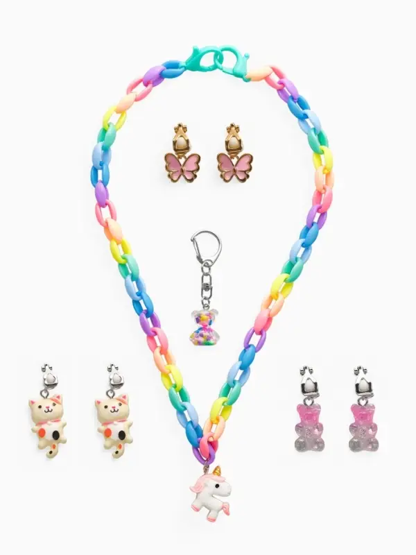 Набор детских украшений &laquo;Выбражулька. Сказка&raquo;, 5 предметов: цепочка единорог, 3 пары клипс, брелок мишка