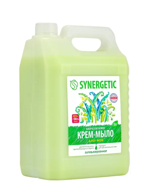 Крем-мыло жидкое биоразлагаемое для мытья рук и тела SYNERGETIC Крем-мыло жидкое биоразлагаемое для мытья рук и тела SYNERGETIC "Алоэ вера", 5 л