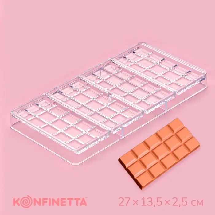 Форма для шоколада KONFINETTA &laquo;Плитка&raquo;, 27&times;13.5&times;2.5 см, 4 ячейки, пластик, прозрачная