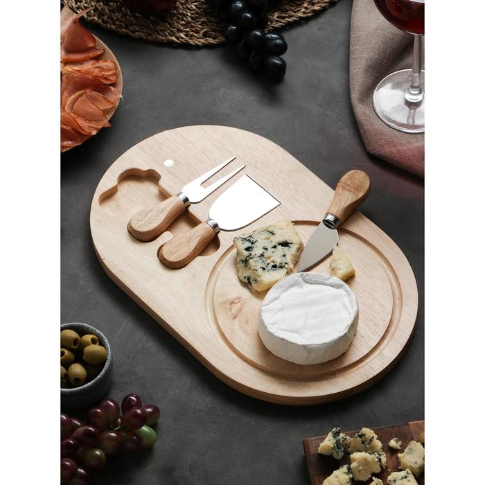 Набор для подачи сыра, доска из дуба Доляна 32,5×20,5×1,5 см, 3 ножа для сыра Набор для подачи сыра, доска из дуба Доляна 32,5×20,5×1,5 см, 3 ножа для сыра