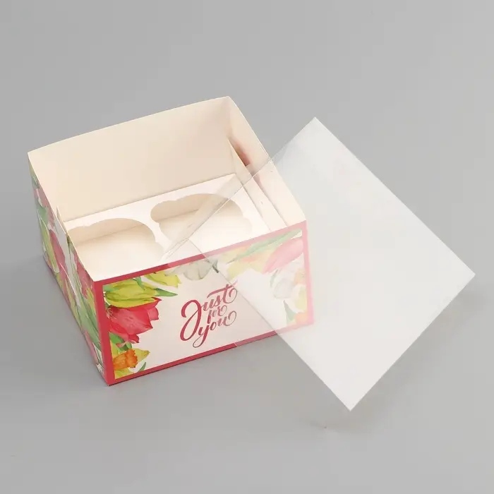 Коробка для 4 капкейка с прозрачной крышкой, &laquo;Тюльпаны&raquo;, 16&times;16&times;10 см