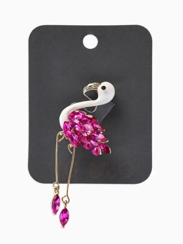 Брошь "Фламинго", кристалл, ноги двигаются, цвет бело-малиновый золоте