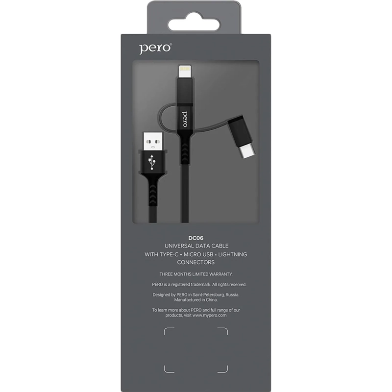 Кабель USB PERO DC-06 3 in 1 (Lightning/micro USB/Type-C), 3А, 1м, черный