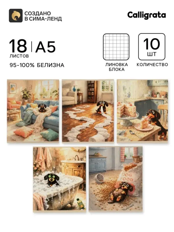 Тетрадь 10 штук, 18 листов в клетку Calligrata &laquo;Такса&raquo;, блок офсет, 5 видов