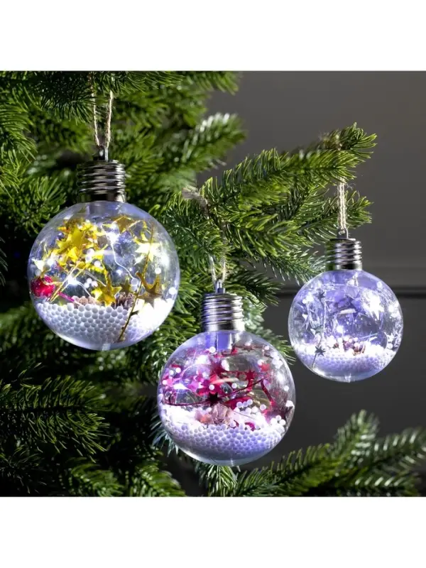 Набор ёлочных шаров &laquo;Мишура звёзды&raquo;, 3 шт., d=8 см, 5 LED, от батареек, свечение белое