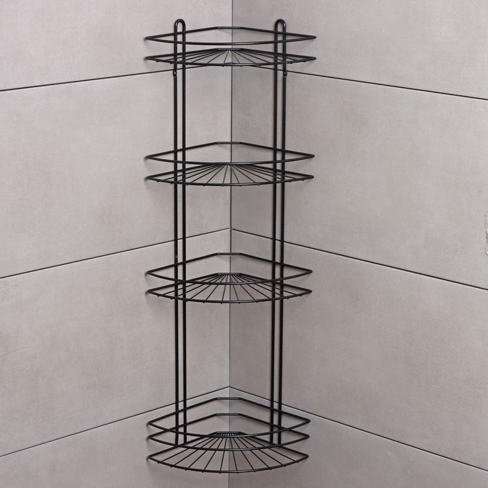 Полка угловая для ванной 4-х ярусная Native, 175×175×762 мм, цвет черный матовый