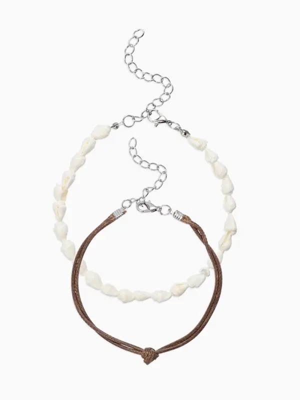 Браслеты на ногу &laquo;Ракушки&raquo;, набор 2 шт. L=28 см, белые, коричневый в серебре