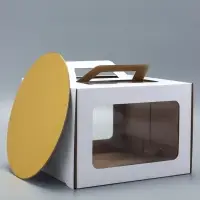 Коробка под торт 2 окна, с ручками, белая, + подложка 2.5 золото - белый, 28&times;28&times;20 см