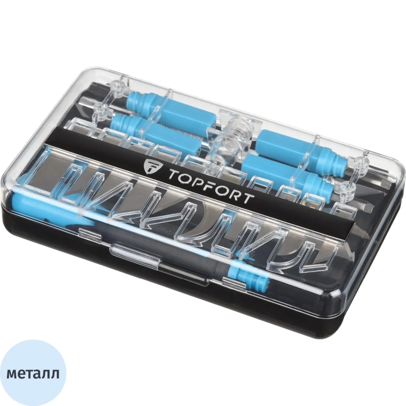 Набор ножей макетн.TOPFORT 22поз:нож 4шт,смен.насад.4шт,14лез.раз.тип,бокс